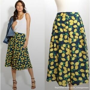 The Limited Navy Lemon Print Pleated Midi Skirt Small 4 Pockets NWT $70